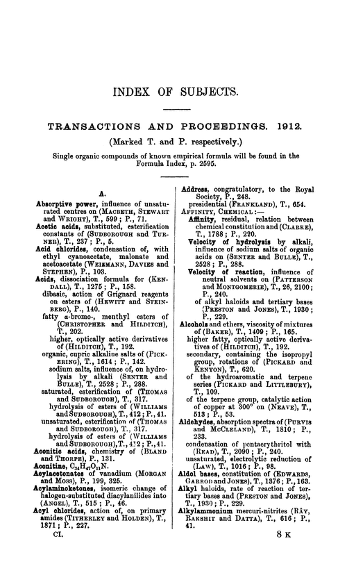 Index of subjects, 1912