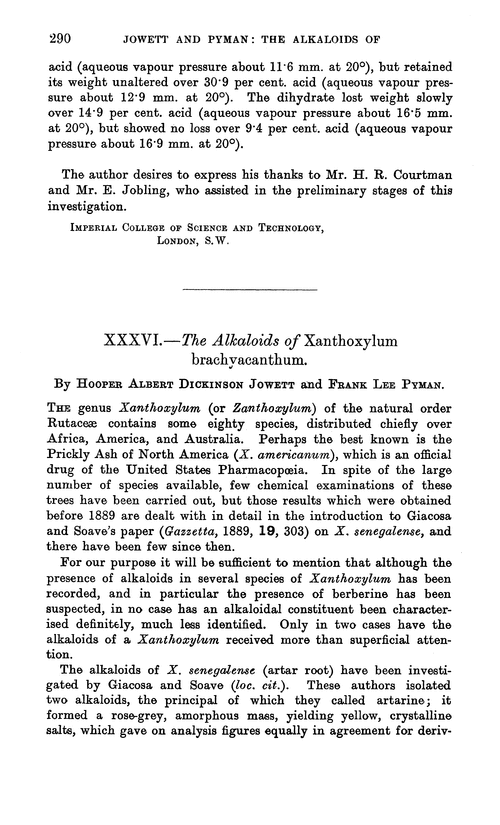 XXXVI.—The alkaloids of Xanthoxylum brachyacanthum