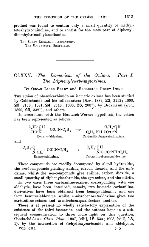 CLXXV.—The isomerism of the oximes. Part I. The diphenylcarbamyloximes