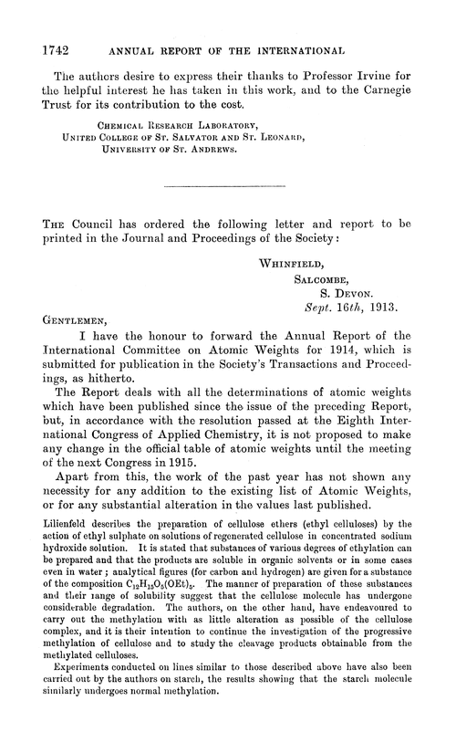 Annual Report of the International Committee on Atomic Weights, 1914