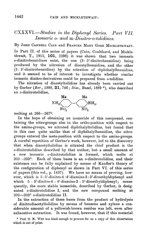CXXXVI.—Studies in the diphenyl series. Part VII. Isomeric o- and m-dinitro-o-tolidines