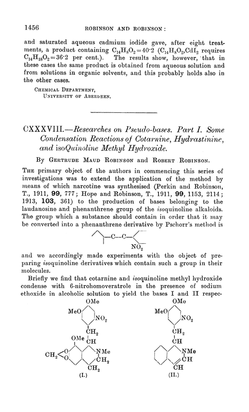 CXXXVIII.—Researches on pseudo-bases. Part I. Some condensation reactions of cotarnine, hydrastinine, and isoquinoline methyl hydroxide