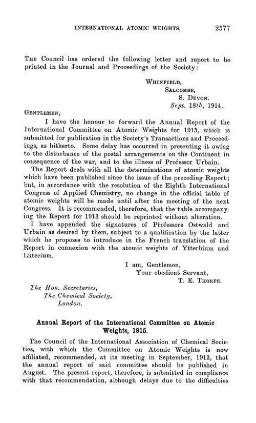 Annual Report of the International Committee on Atomic Weights, 1915
