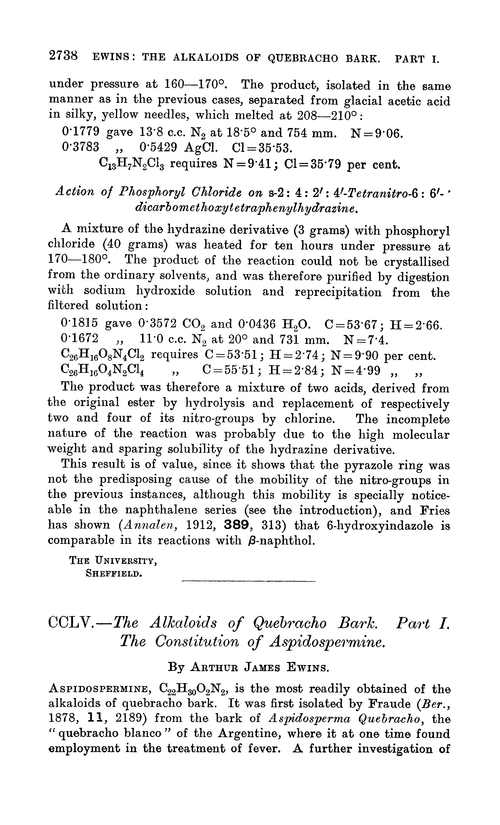 CCLV.—The alkaloids of quebracho bark. Part I. The constitution of aspidospermine