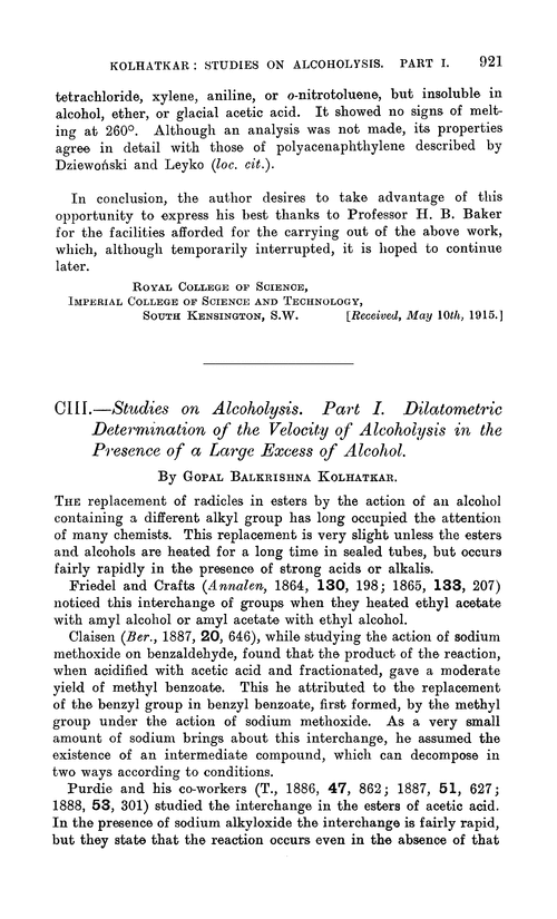 CIII.—Studies on alcoholysis. Part I. Dilatomeric determination of the velocity of alcoholysis in the presence of a large excess of alcohol