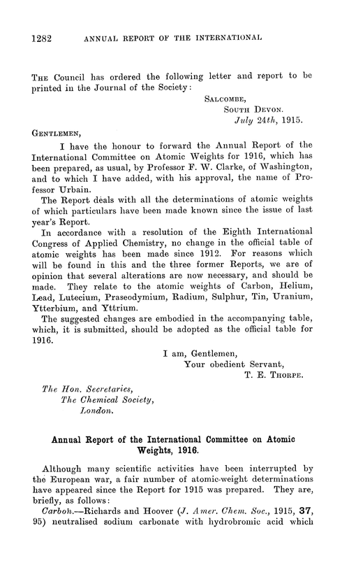 Annual Report of the International Committee on Atomic Weights, 1916