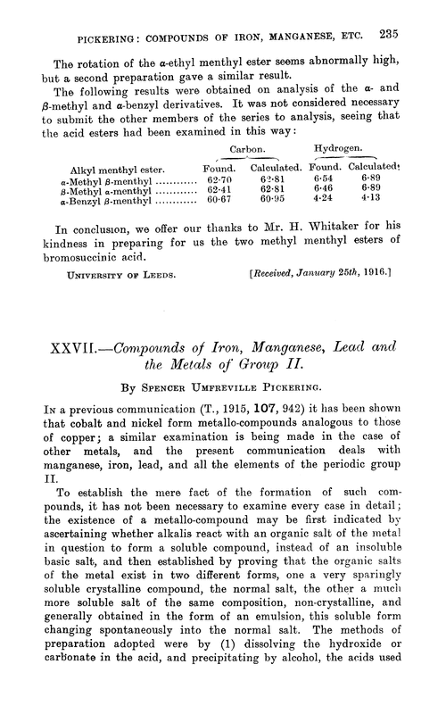 XXVII.—Compounds of iron, manganese, lead and the metals of group II