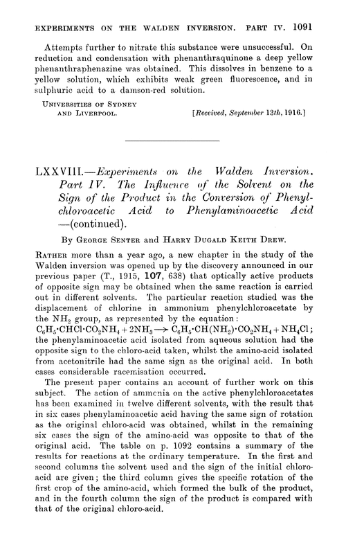 LXXVIII.—Experiments on the Walden inversion. Part IV. The influence of the solvent on the sign of the product in the conversion of phenylchloroacetic acid to phenylaminoacetic acid—(continued)
