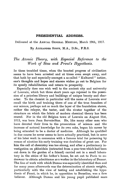 Presidential address. The atomic theory, with especial reference to the work of Stas and Prout's hypothesis