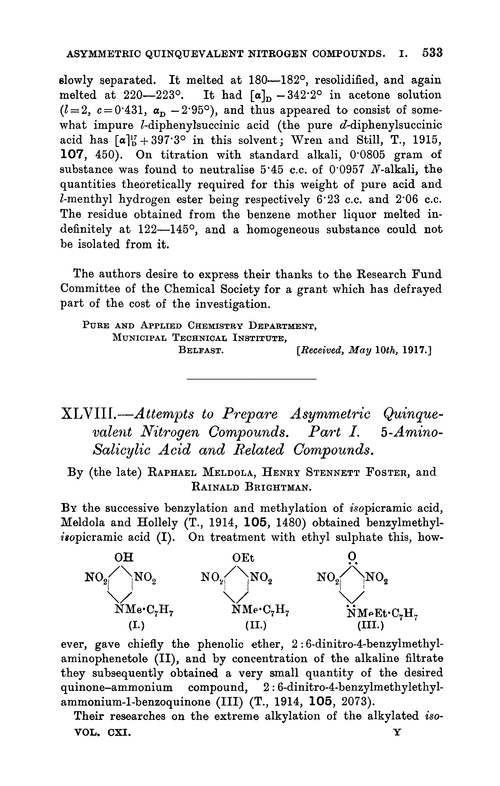 XLVIII.—Attempts to prepare asymmetric quinquevalent nitrogen compounds. Part I. 5-Aminosalicylic acid and related compounds