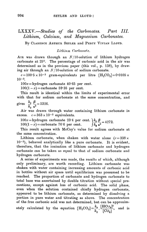 LXXXV.—Studies of the carbonates. Part III. Lithium, calcium, and magnesium carbonates