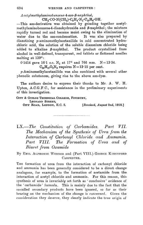LX.—The constitution of carbamides. Part VII. The mechanism of the synthesis of urea from the interaction of carbonyl chloride and ammonia. Part VIII. The formation of urea and of biuret from oxamide