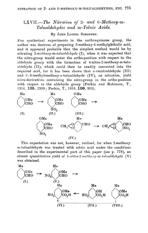 LXVII.—The nitration of 2- and 6-methoxy-m-tolualdehydes and m-toluic acids