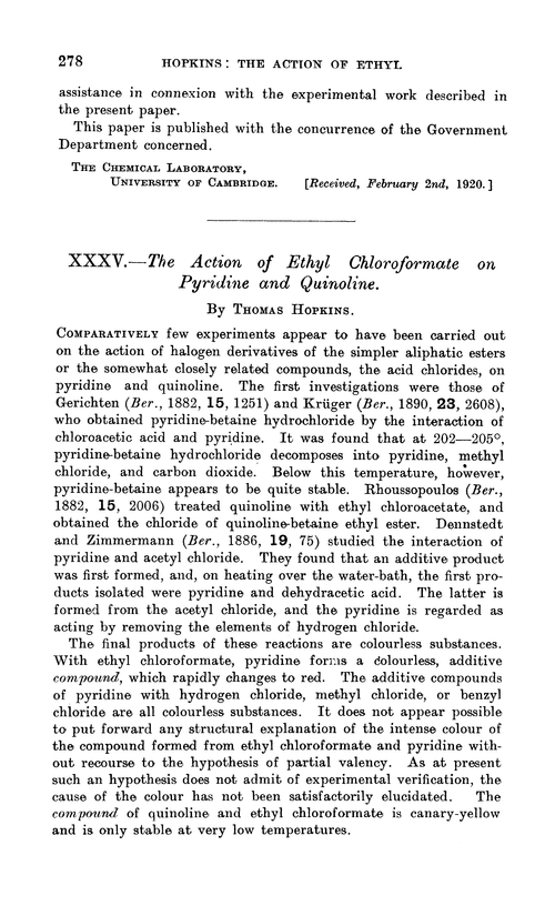 XXXV.—The action of ethyl chloroformate on pyridine and quinoline