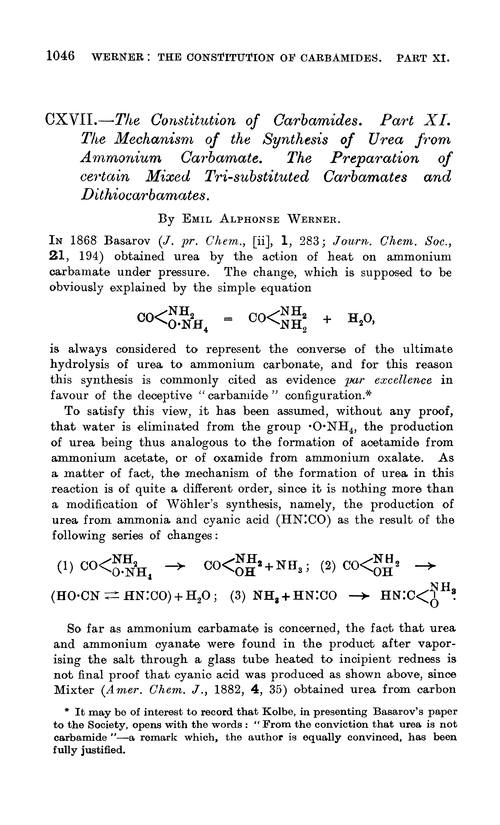 CXVII.—The constitution of carbamides. Part XI. The mechanism of the synthesis of urea from ammonium carbamate. The preparation of certain mixed tri-substituted carbamates and dithiocarbamates