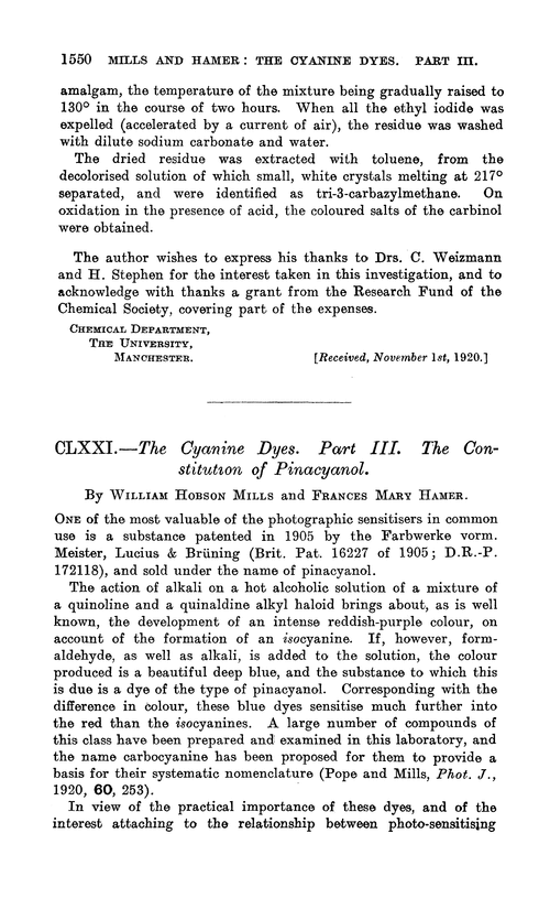 CLXXI.—The cyanine dyes. Part III. The constitution of pinacyanol