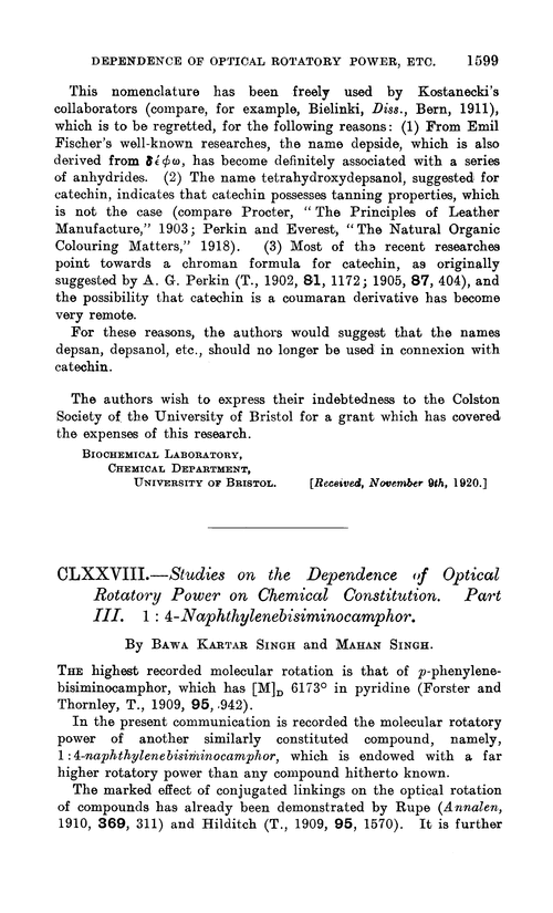 CLXXVIII.—Studies on the dependence of optical rotatory power on chemical constitution. Part III. 1 : 4-Naphthylenebisiminocamphor