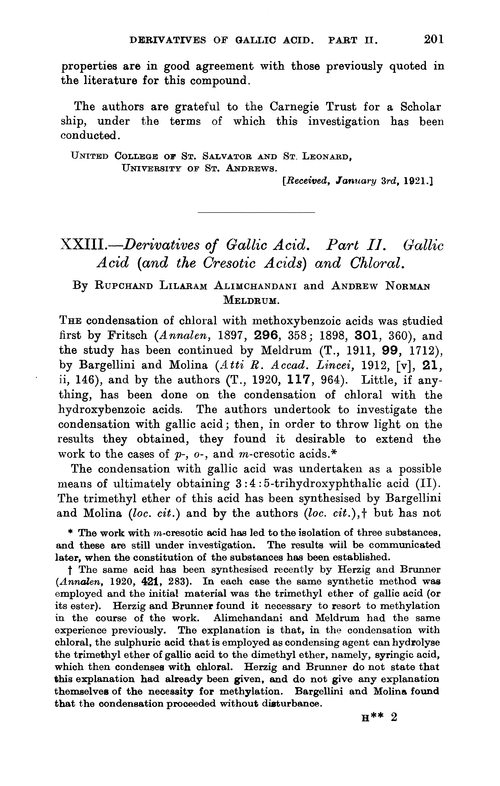 XXIII.—Derivatives of gallic acid. Part II. Gallic acid (and the cresotic acids) and chloral
