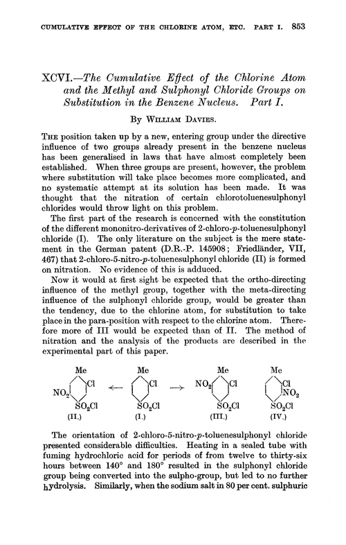 XCVI.—The cumulative effect of the chlorine atom and the methyl and sulphonyl chloride groups on substitution in the benzene nucleus. Part I