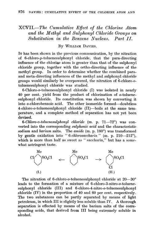 XCVII.—The cumulative effect of the chlorine atom and the methyl and sulphonyl chloride groups on substitution in the benzene nucleus. Part II