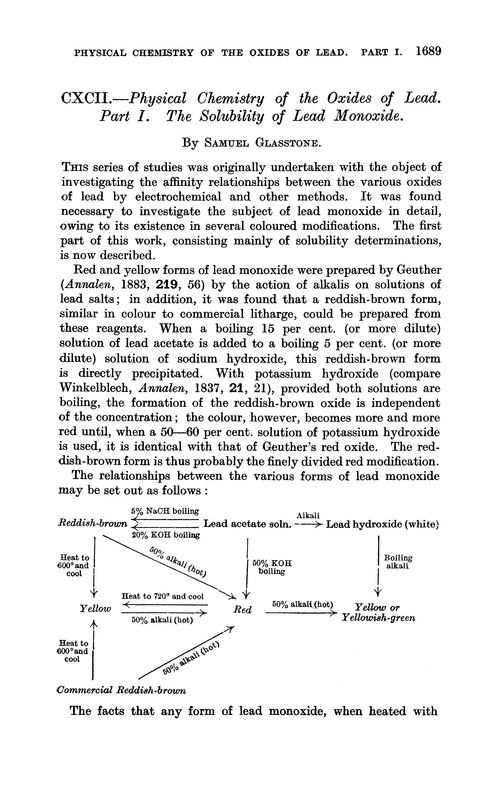 CXCII.—Physical chemistry of the oxides of lead. Part I. The solubility of lead monoxide