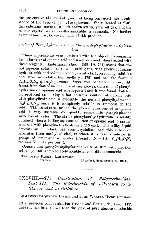 CXCVIII.—The constitution of polysaccharides. Part III. The relationship of l-glucosan to d-glucose and to cellulose