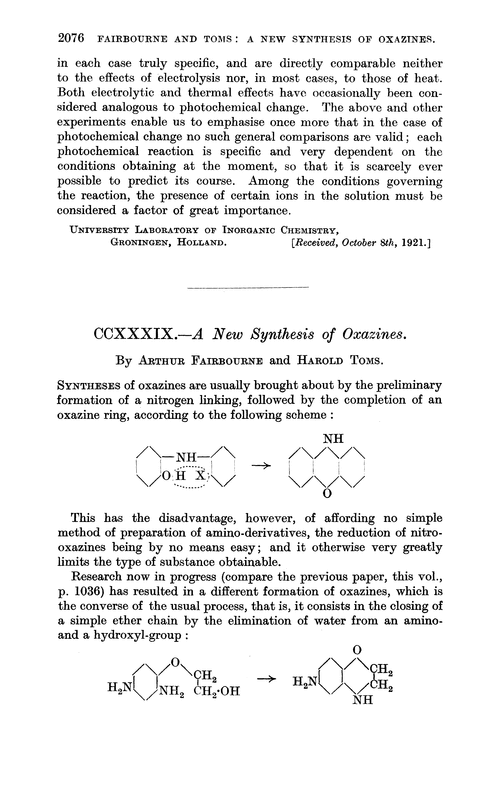 CCXXXIX.—A new synthesis of oxazines