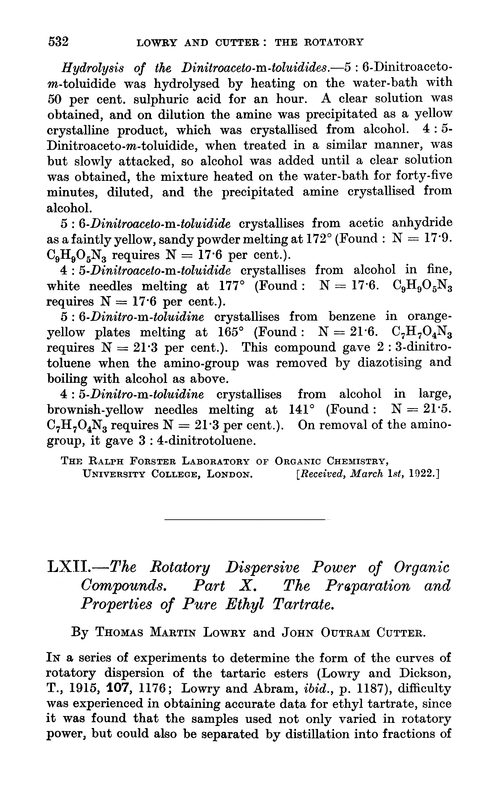 LXII.—The rotatory dispersive power of organic compounds. Part X. The preparation and properties of pure ethyl tartrate