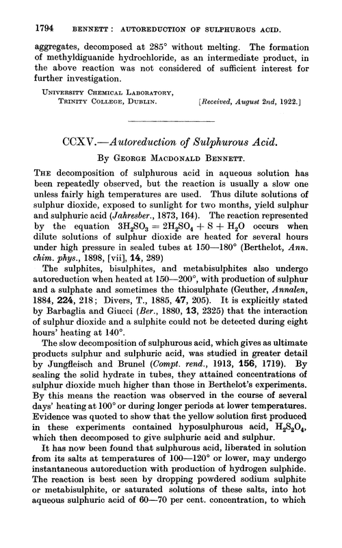 CCXV.—Autoreduction of sulphurous acid