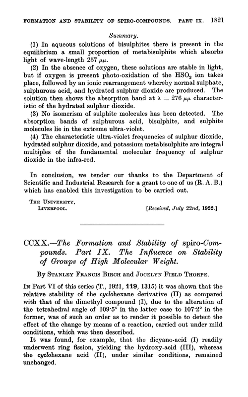 CCXX.—The formation and stability of spiro-compounds. Part IX. The influence on stability of groups of high molecular weight