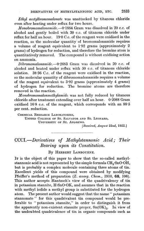 CCCI.—Derivatives of methylstannonic acid; their bearing upon its constitution