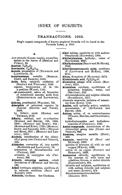 Index of subjects, 1922