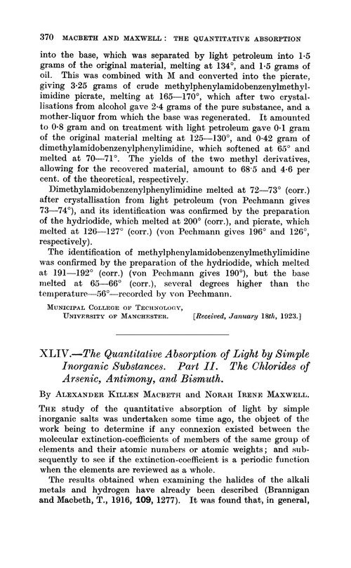 XLIV.—The quantitative absorption of light by simple inorganic substances. Part II. The chlorides of arsenic, antimony, and bismuth