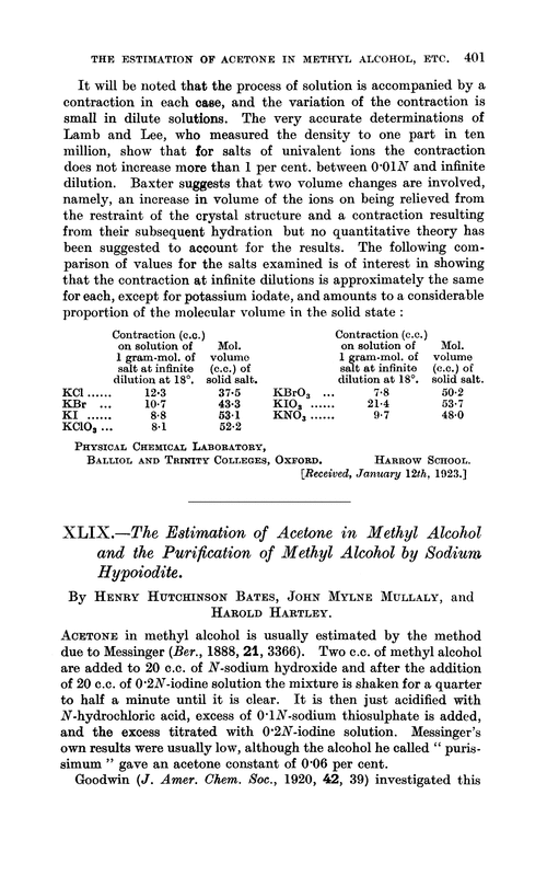 XLIX.—The estimation of acetone in methyl alcohol and the purification of methyl alcohol by sodium hypoiodite