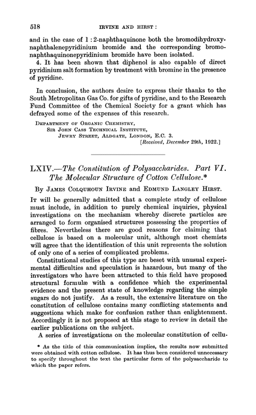 LXIV.—The constitution of polysaccharides. Part VI. The molecular structure of cotton cellulose