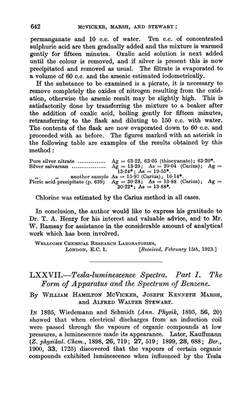 LXXVII.—Tesla-luminescence spectra. Part I. The form of apparatus and the spectrum of benzene