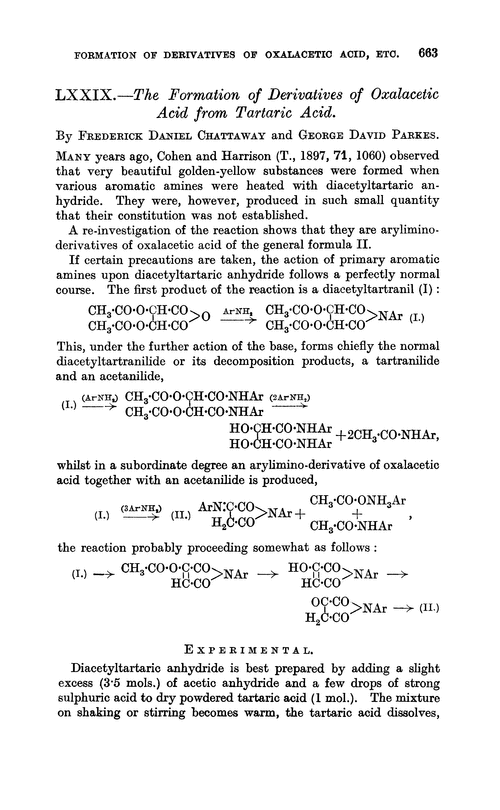 LXXIX.—The formation of derivatives of oxalacetic acid from tartaric acid