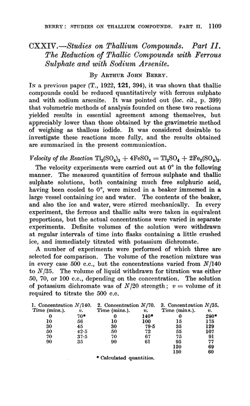 CXXIV.—Studies on thallium compounds. Part II. The reduction of thallic compounds with ferrous sulphate and with sodium arsenite