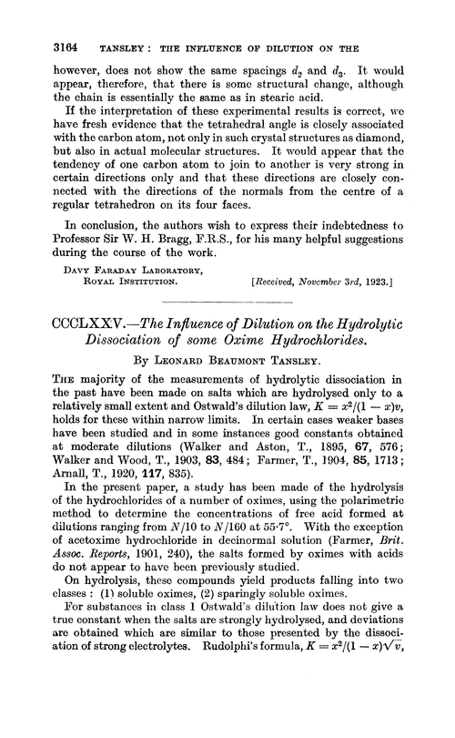 CCCLXXV.—The influence of dilution on the hydrolythic dissociation of some oxime hydrochlorides