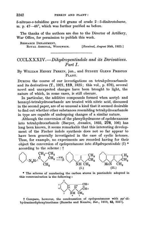 CCCLXXXIV.—Dihydropentindole and its derivatives. Part I