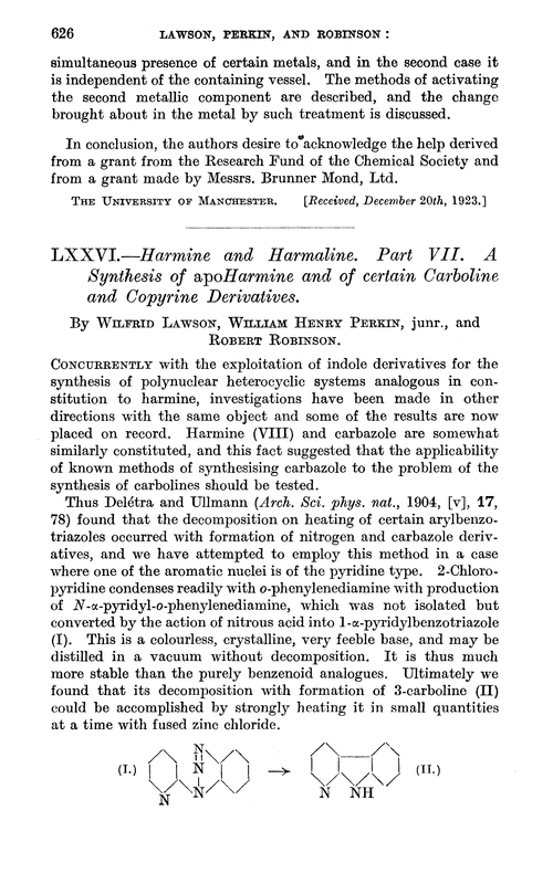 LXXVI.—Harmine and harmaline. Part VII. A synthesis of apoharmine and of certain carboline and copyrine derivatives