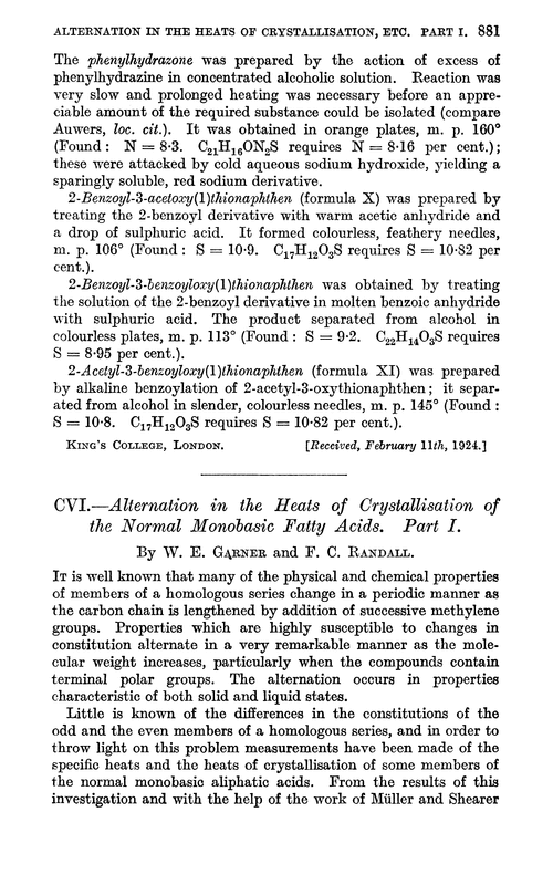 CVI.—Alternation in the heats of crystallisation of the normal monobasic fatty acids. Part I