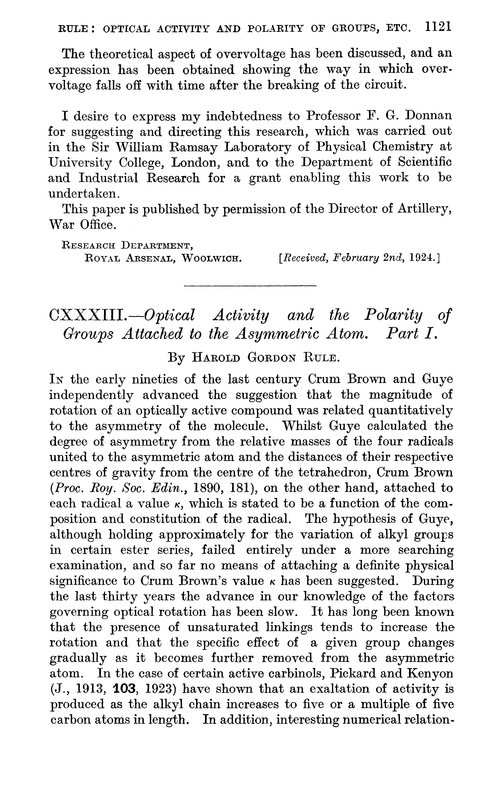 CXXXIII.—Optical activity and the polarity of groups attached to the asymmetric atom. Part I