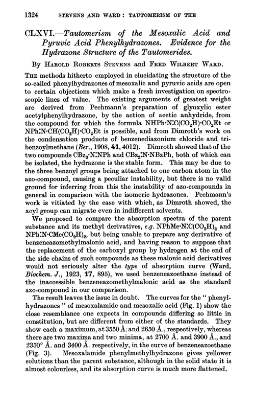 CLXVI.—Tautomerism of the mesoxalic acid and pyruvic acid phenylhydrazones. Evidence for the hydrazone structure of the tautomerides