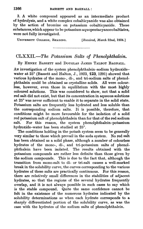 CLXXII.—The potassium salts of phenolphthalein
