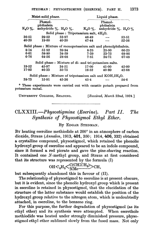 CLXXIII.—Physostigmine (eserine). Part II. The synthesis of physostigmol ethyl ether
