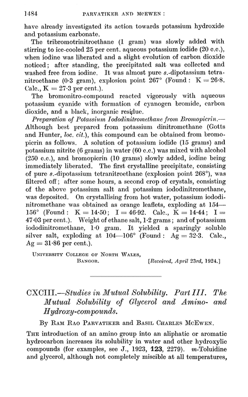 CXCIII.—Studies in mutual solubility. Part III. The mutual solubility of glycerol and amino- and hydroxy-compounds