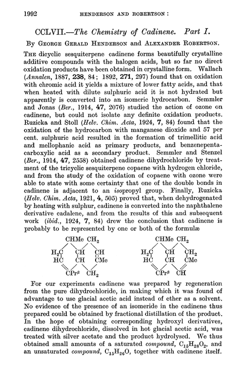 CCLVII.—The chemistry of cadinene. Part I