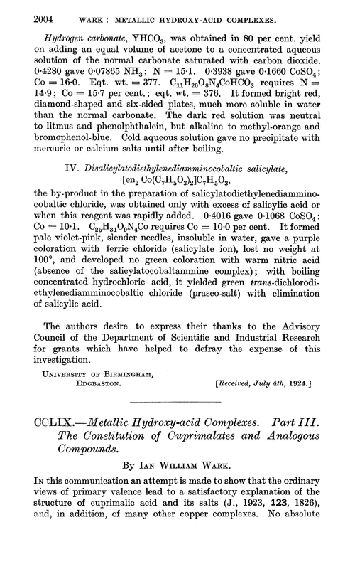 CCLIX.—Metallic hydroxy-acid complexes. Part III. The constitution of cuprimalates and analogous compounds