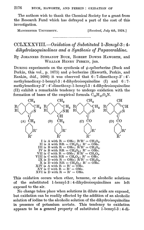 CCLXXXVIII.—Oxidation of substituted 1-benzyl-3 : 4-dihydroisoquinolines and a synthesis of papaveraldine